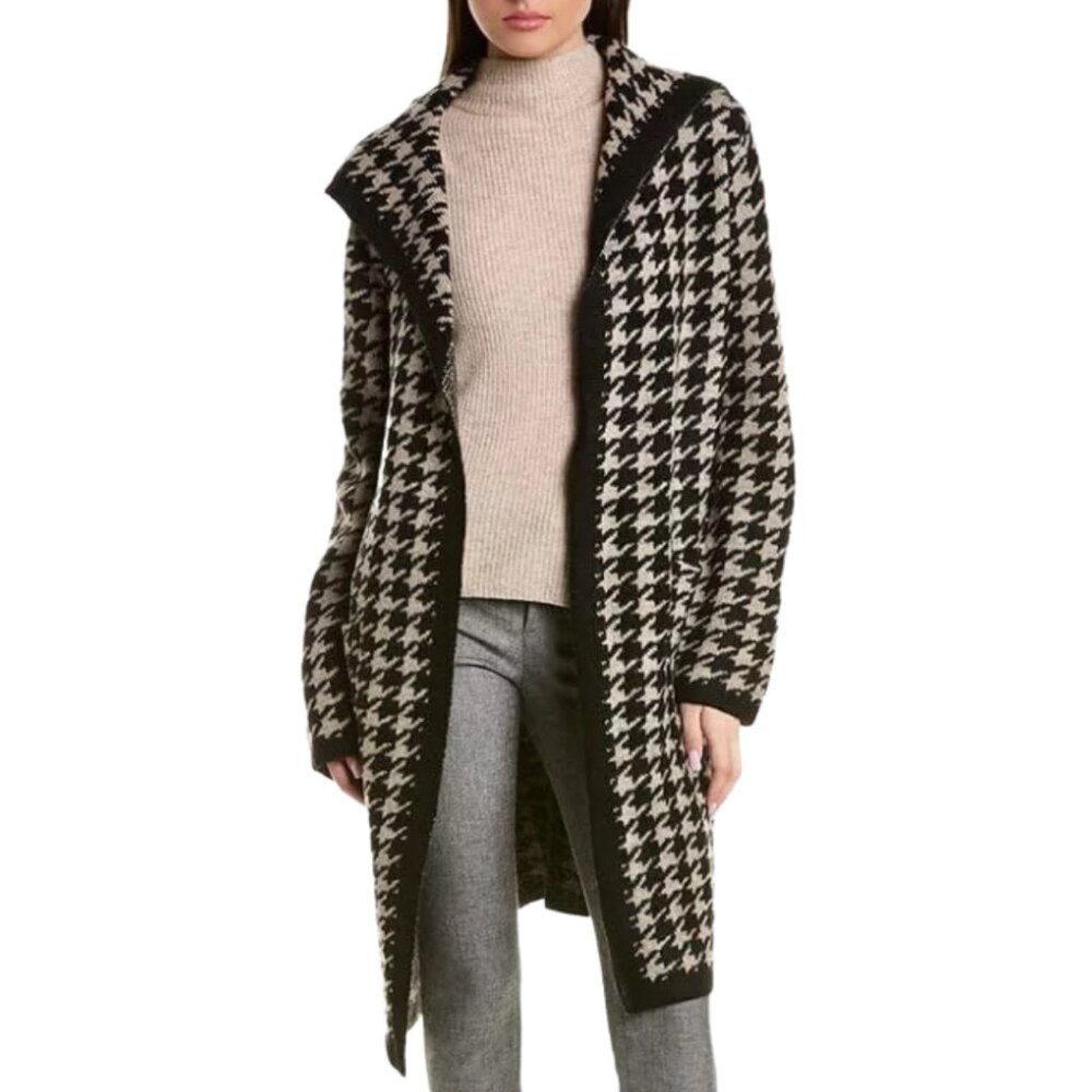 Max Edition Black and Tan Houndstooth Long Cardigan Sweater Size Small